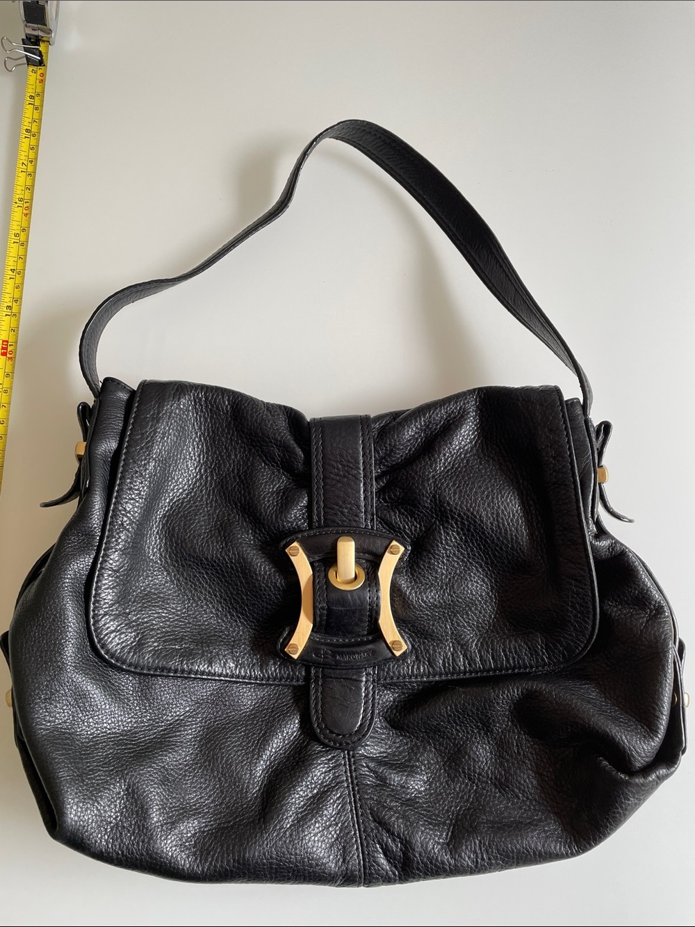 b. makowsky Black Leather Shoulder Bag with Gold Hardware